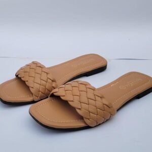 Women's Beige Braided Leather Slides Casual Flat Shoes