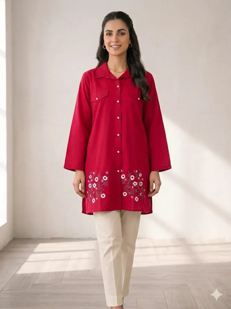 Red Embroidered Lawn Kurta for Women