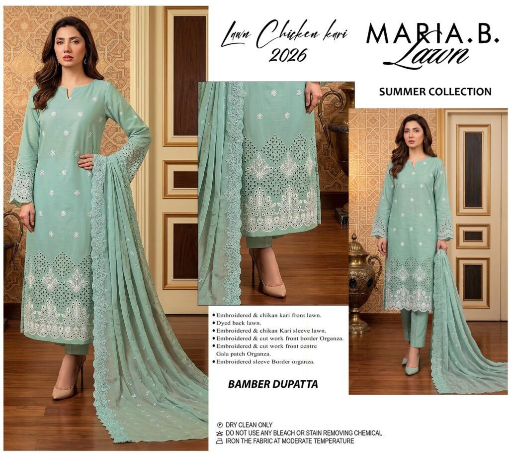 3-PCS MARIA. B, Lawn Chicken Kari, Summer Collection, Bamber Dupatta