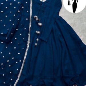 Blue V-Neck Maxi Suit 3Pcs With Lace Dupatta