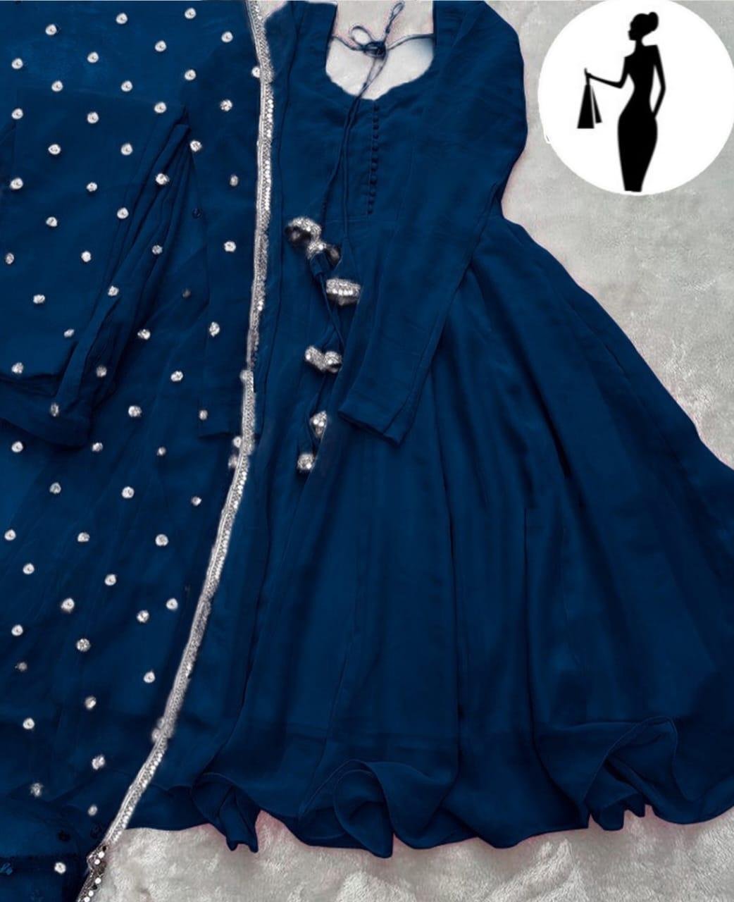 Blue V-Neck Maxi Suit 3Pcs With Lace Dupatta