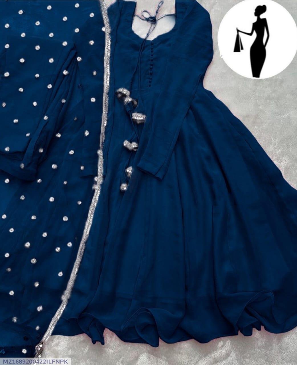 Blue V-Neck Maxi Suit 3Pcs With Lace Dupatta - Image 3