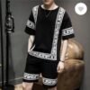 Men Printed Dri Fit Tracksuit Black Greek Key Shorts Set