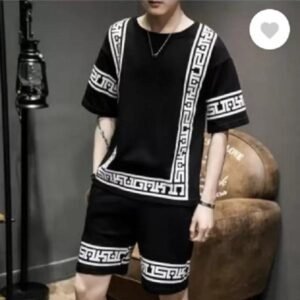 Men Printed Dri Fit Tracksuit Black Greek Key Shorts Set