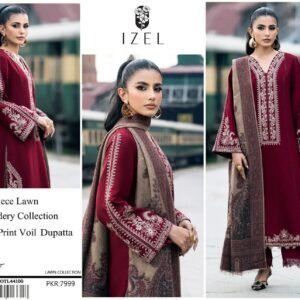 IZEL / Sapphire Style Premium Embroidered Lawn 3 Piece Suit with Digital Print Voil Dobby Dupatta