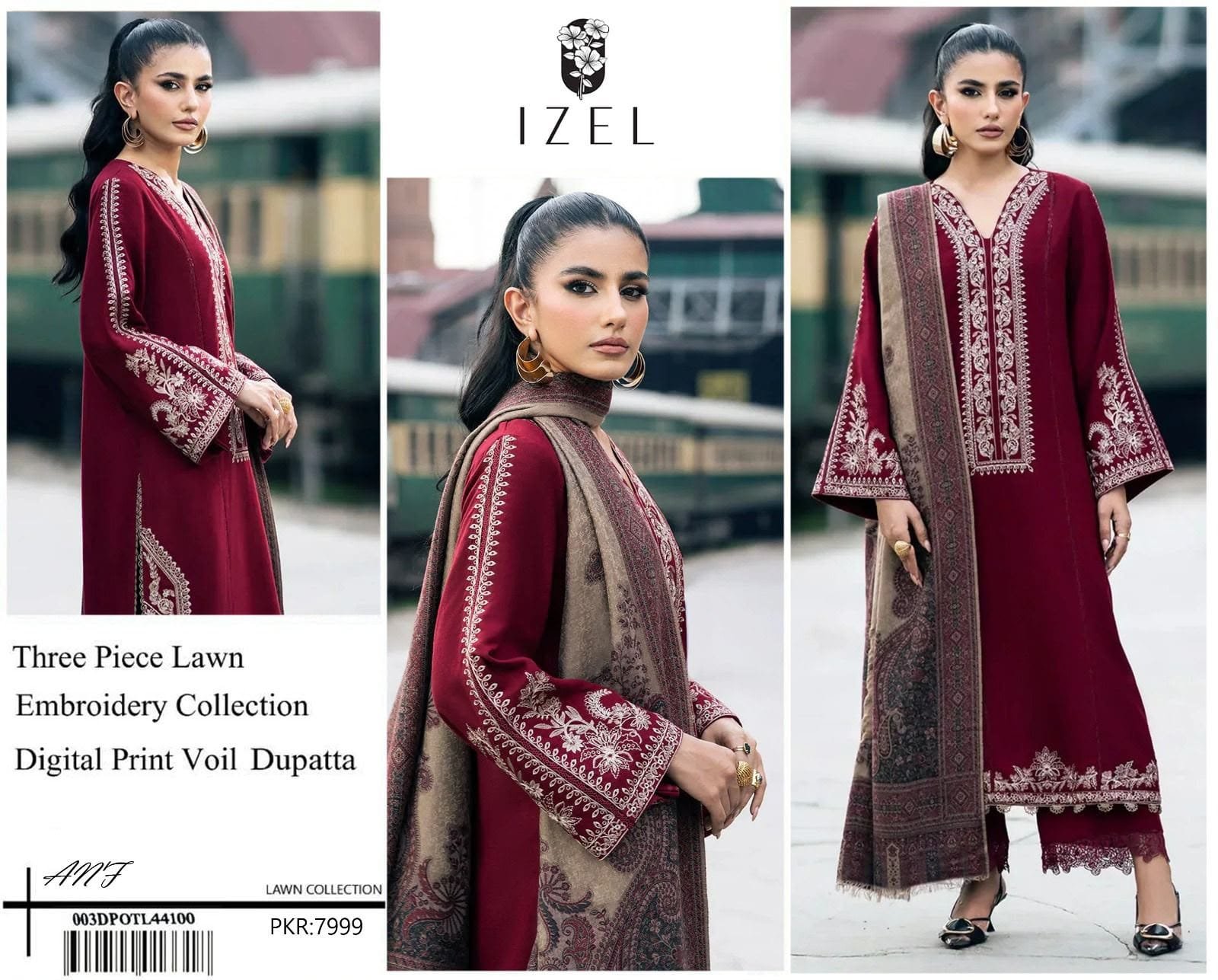 IZEL / Sapphire Style Premium Embroidered Lawn 3 Piece Suit with Digital Print Voil Dobby Dupatta