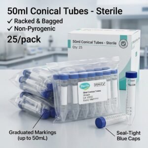 50ml Sterile Conical Centrifuge Tubes – 25 Pack | Racked & Bagged, Non-Pyrogenic